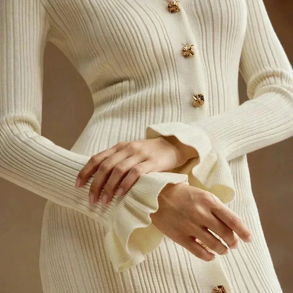 Apricot Elegant Women's Fitted Sweater Dress - Picture 3 of 7